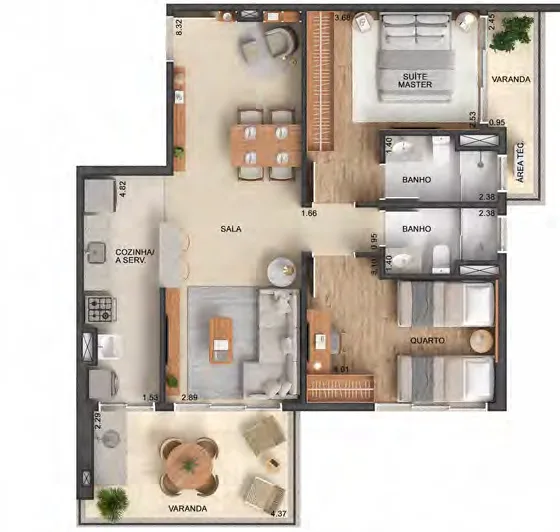 Planta do apartamento de 2 quartos com suíte master de 86,78 m² do Astra Ilha Pura, finais 05 e 08