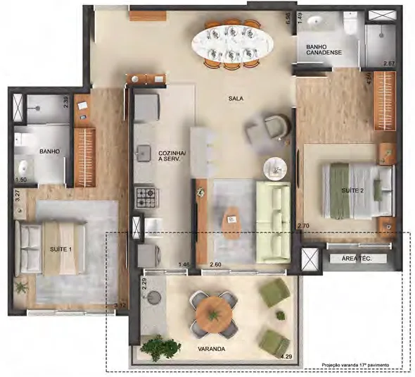 Planta do apartamento de 2 quartos com duas suítes de 87,09 m² do Astra Ilha Pura, finais 06 e 07