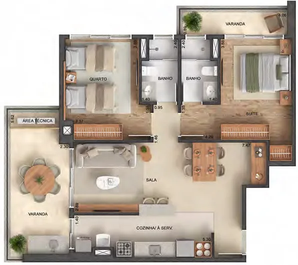 Planta do apartamento de 2 quartos com suíte de 90,32 m² do Astra Ilha Pura, finais 01 e 04
