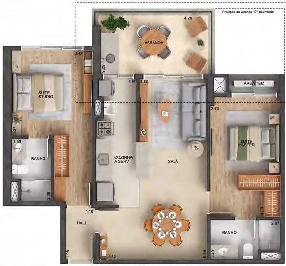 Planta do apartamento double suites de 86,89 m² do Astra Ilha Pura, finais 02 e 03, com suíte studio e suíte master